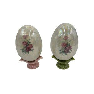 2 Hobbyist Hand Painted Ceramic Easter Eggs Floral Iridescent Matching Stands